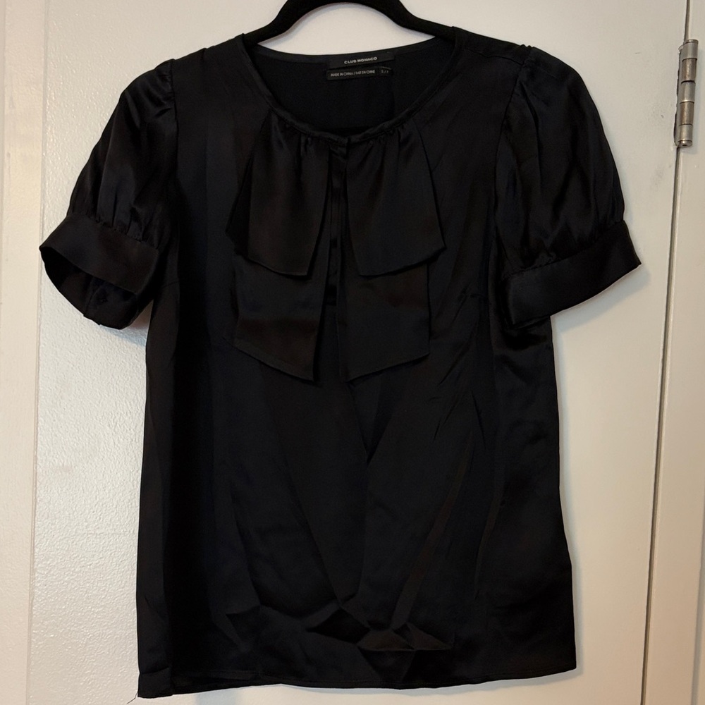 Black Short-Sleeve Bow Detail Blouse - Women 100% silk